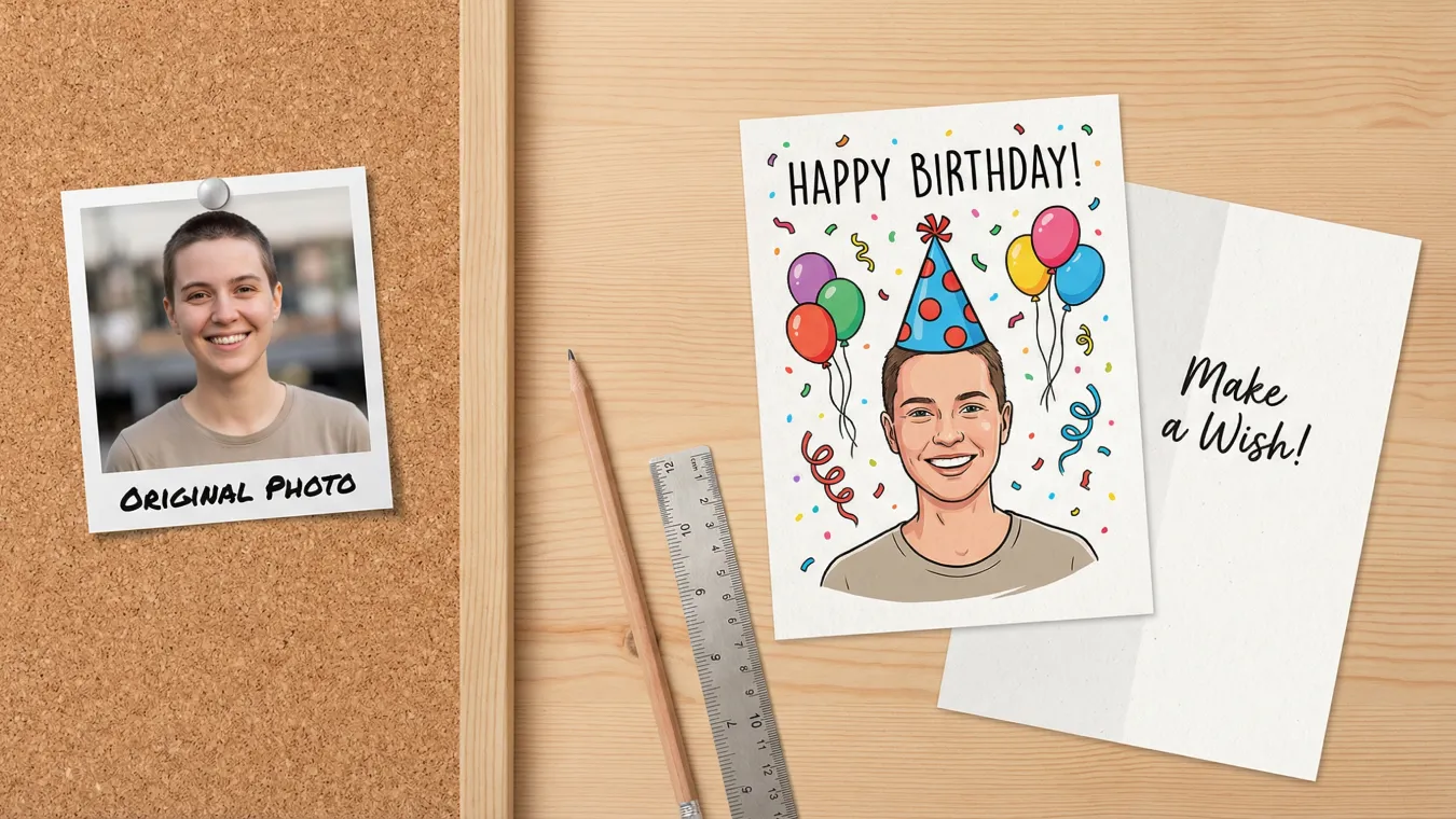 un retrato de una chica y una invitación de cumpleaños tipo cómic creados por el generador de imágenes con IA de aiease